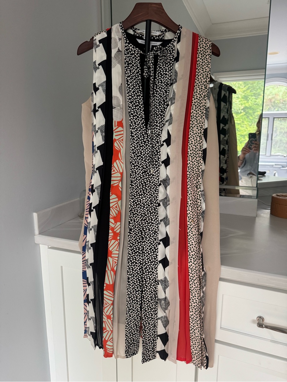 Diane Von Furstenberg Striped Mixed-Print Mini Dress in Black, Beige & Red